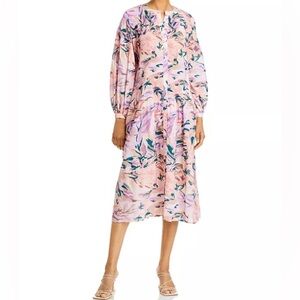 Misook NWT Floral Drop Waist Balloon Sleeve Midi Dress Dainty Feminine Pretty XL
